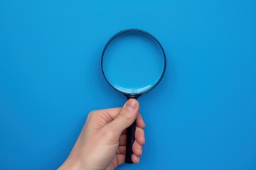 Hand holding magnifying glass on blue background, Generative AI - obrazy, fototapety, plakaty