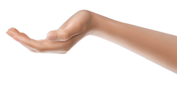 Woman's hand holding a blank space, concept for product or service promotion. Hand exchanging an object, symbolizing exchange or trade.  Commerce or business promotion concept