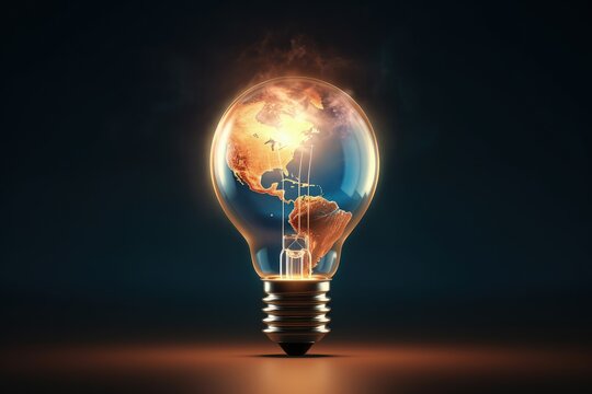 Light bulb with earth planet bulb, environment preservation concept, black background, Generative AI

