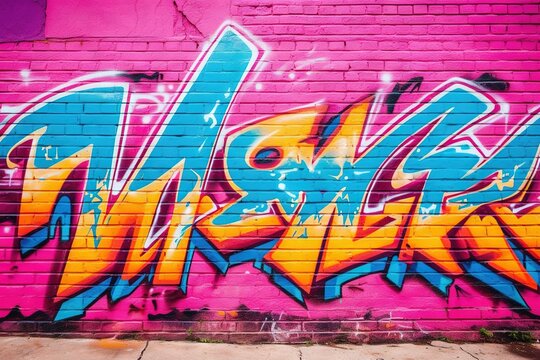  A Brick Wall Covered In Colorful Graffiti And Spray Painted Letters And Numbers, With The Word War On It In Blue And Yellow Letters, On The Side Of The Wall Is A Pink Brick.  Generative Ai