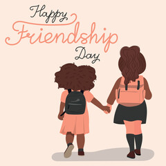 Girls holding hands. World Friendship Day concept. Children walks.