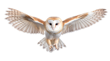 a Barn Owl, in flight, front view, a nocturnal bird of prey, piercing eyes, Nature-themed, photorealistic illustrations in a PNG, cutout, and isolated. Generative AI