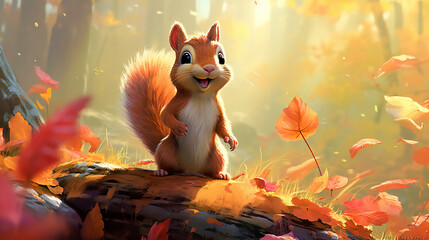 Adorable little cartoon squirrel - generative AI, AI generated - obrazy, fototapety, plakaty