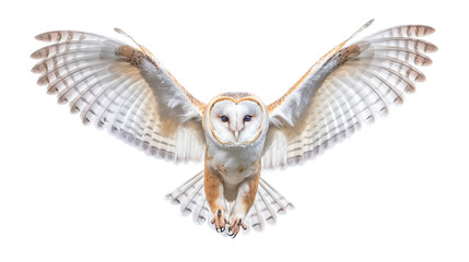 a Barn Owl, in flight, front view, a nocturnal bird of prey, piercing eyes, Nature-themed, photorealistic illustrations in a PNG, cutout, and isolated. Generative AI