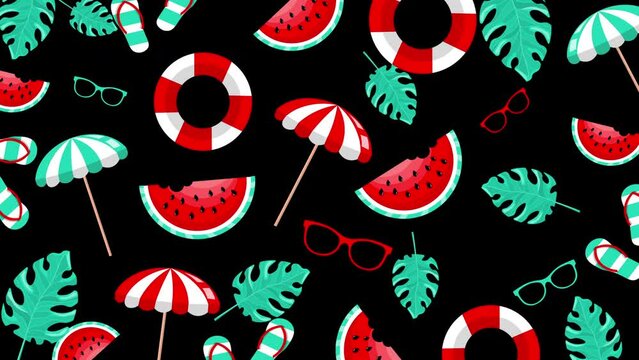 4k animated Wallpaper Summer Time Motional Pattern Design fresh Watermelon, beach umbrella, palm leaves sunglasses and sea shoes rotating elements Summer Design Elements Isolated on Black Background. 