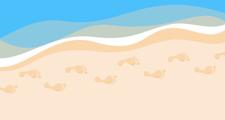 Footprints of bare feet in the sand on the beach along the coastline. Flat vector illustration