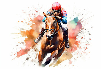 Colorful Equestrian Racing Horse and Jockey in a Splash of Watercolors- Illustration, generative AI