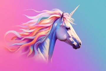 Fototapeta na wymiar a white unicorn with a rainbow mane on a pink and blue background with a pink and blue background and a pink and blue background with a pink border. generative ai