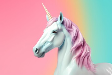 Obraz na płótnie Canvas a white unicorn with a pink mane and a blue tail on a pink, blue, and green background with a pink, yellow, blue, and pink, and blue rainbow hued area. generative ai