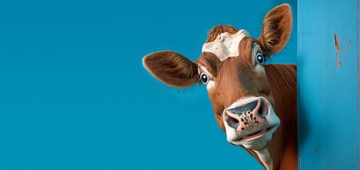 Surprised cow peeking from corner on blue background. Generative AI - obrazy, fototapety, plakaty