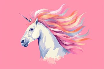 Naklejka na ściany i meble a white unicorn with a pink mane and a pink background with a pink background and a pink background with a white unicorn with a pink mane. generative ai
