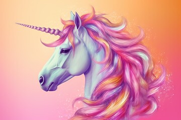 Obraz na płótnie Canvas a colorful unicorn with a long mane and a pink and yellow background is featured in this image with a pink and yellow background and a pink background. generative ai
