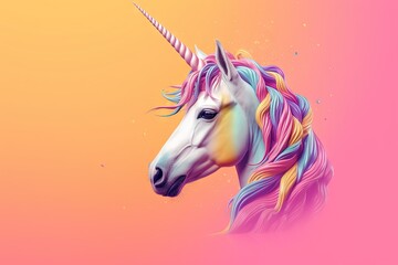 Naklejka na ściany i meble a white unicorn with multicolored manes on a pink and orange background with a pink background and a pink background with a pink and yellow background. generative ai