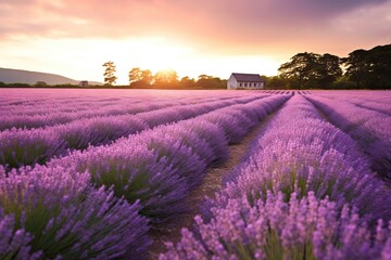 Naklejka na ściany i meble a lavender field with a house in the background at sunset or sunrise or sunset in the distance, with the sun setting behind the clouds. generative ai