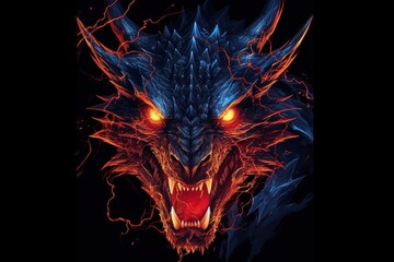 Dragon head with luminous eyes, background, digital illustration. Generative AI
