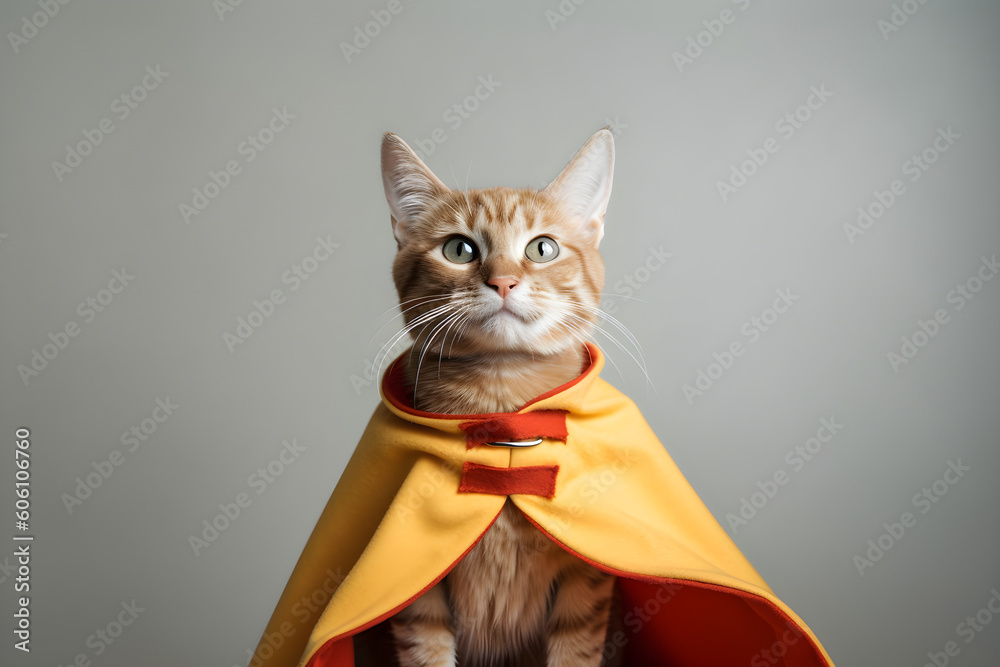 Wall mural Ginger cat wearing yellow superhero cape studio shot