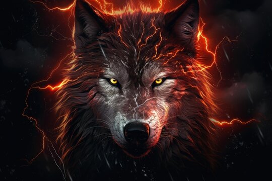 Ferocious wolf face with luminous eyes, background, digital illustration. Generative AI