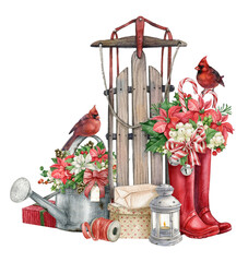 Watercolor vintage sled,rubber boots poinsettia flower bouquet,red cardinal bird and watering can isolated on white background.Rustic farmhouse style winter holiday postcard  vintage traditional style - obrazy, fototapety, plakaty