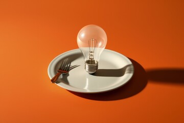 Light bulb on plate, concept of creativity and ideas, orange background, digital illustration. Generative AI