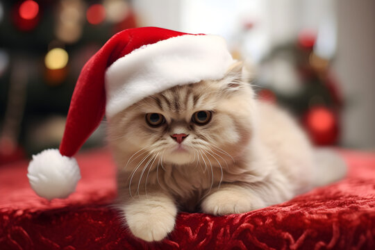 Cat with Christmas Santa Claus hat portrait studio shot