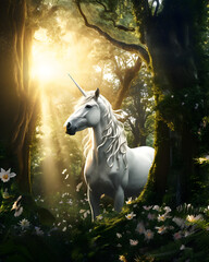 Fototapeta na wymiar Unicorn in the forest. Generative AI.