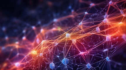 Cyber big data flow. Blockchain data fields. Network line connect stream. Concept of AI technology, digital communication, science research, 3D illustration neural cells. Generative Ai.