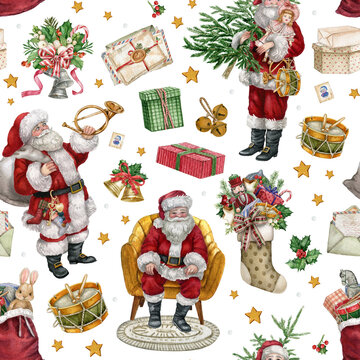Christmas Santa Claus seamless pattern, Christmas stocking socks, jingle bells, gift boxes ,Christmas tree, on white background.  Traditional vintage style digital paper. Hand-drawn watercolor