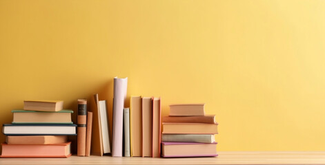 Fototapeta premium Back to School: A Colorful Array of Books on Wooden Table, generative AI