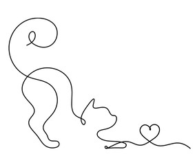 Silhouette of abstract cat with heart in line drawing on white