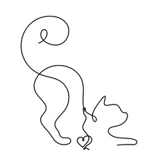 Silhouette of abstract cat with heart in line drawing on white