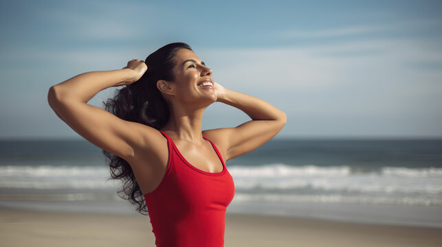 Beautiful Hispanic woman, dressed in a bright red workout outfit, stands on a sunny beach, generative AI, AI generated