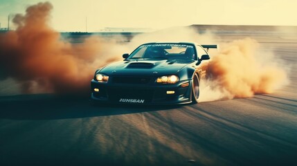 Sports car drifting on the track with smoke flying from the wheels. Generative AI - obrazy, fototapety, plakaty