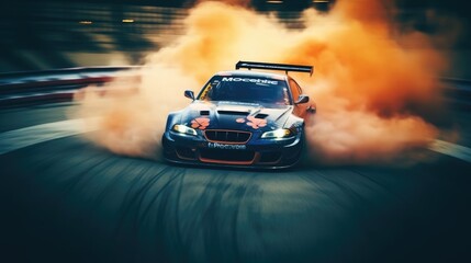 Fototapeta na wymiar Sports car drifting on the track with smoke flying from the wheels. Generative AI