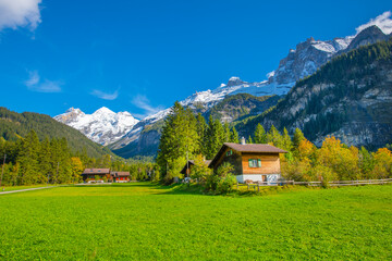 Fototapeta na wymiar Hiking road at Oeschinensee Lake in Kandersteg, the Bernese Oberland, Switzerland