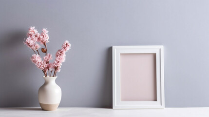 White picture frame on a pastel wall in a minimalist apartment clear of clutter, minimalist backgrounds, solid color background, dried flowers. Generative Ai.