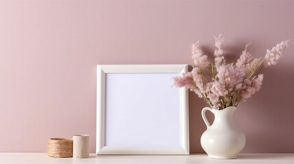 White picture frame on a pastel wall in a minimalist apartment clear of clutter, minimalist backgrounds, solid color background, dried flowers. Generative Ai.