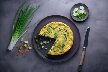 Traditional Italian vegetable frittata with zucchini, spring onion and cheese served as a top view on a Nordic design plate with copy space