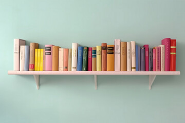 Pastel colored bookshelf on a wall, generative AI