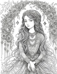 coloring page of a girl in garden surround by flowers