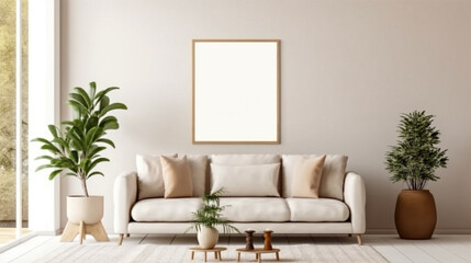 Empty white horizontal frame mockup natural light, bright, feminine, summer, modern background, natural and neutral colors, living room scandinavian.Generative Ai.
