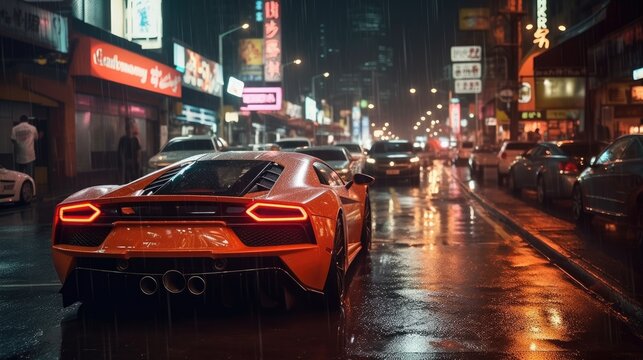 Luxury sports car at night, background, big city full of lights