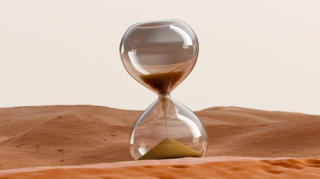 Desert landscape with an hourglass. Hourglass on the background of dunes, 3d render.