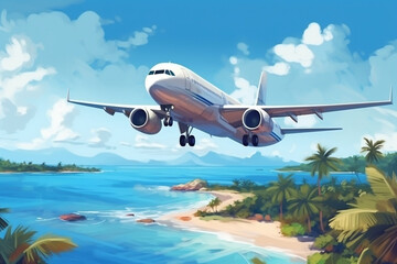 Fototapeta na wymiar White passenger aircraft flying over tropical islands and coastline, generative AI