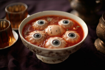 A bowl of halloween eyeball soup. Generative ai