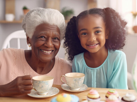 Close-up of a black grandmother and young granddaughter having a tea party. Sitting together, looking at camera and smiling.  Shallow dof, focus on faces.  Created with Generative AI technology.