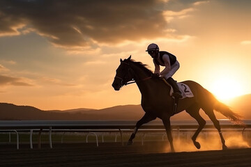 Sunset Horse Racing: Thoroughbred and Jockey Silhouette, generative AI