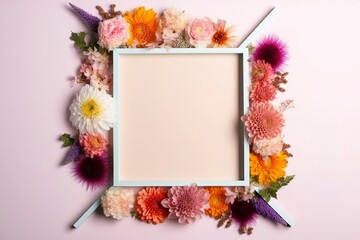 Fototapeta na wymiar A frame decorated with flowers, blank space for text. Flat lay, top view.
