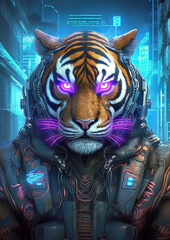 Fototapeta na wymiar A glowing cybernetic tiger in a neon-lit dystopia. A futuristic tiger with cybernetic implants navigating a neon-lit cyberpunk realm. AI generated. 