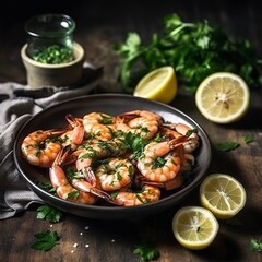 Prawns Shrimps roasted on pan with lemon and garlic on dark rustic background. top view, generate ai