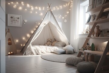 Fototapeta Kids bedroom in dark colors. Cozy kids room interior, scandinavian nordic design with light garlands and soft pillows, tent canopy bed. Children room in evening with lights on. AI generated image. obraz